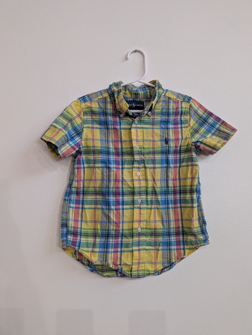 Vtg Ralph Lauren Button Down Shirt 4t Boys Yellow Plaid Short Sleeve Preppy